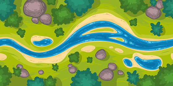 Grafik aus einer Vogelperspektive eines Flusses mit grüner Natur mit Bäumen und Steinen außen herum
