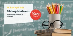 Bild eines Stiftehalters mit Brille und Büchern vor einer Schultafel mit dem Schriftzug Bildungskonferenz