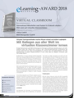 Artikel vom eLearning Award 2018 in der Kategorie Virtual Classroom mit vitero GmbH und der BSH Hausgeräte GmbH