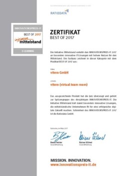Zertifikat für den Innovationspreis-IT 2017 für die vitero Videokonferenz Software für eine besonders innovative IT-Lösungen mit hohem Nutzen für den Mittelstand