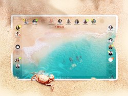 Screenshot der Webkonferenz Software vitero mit einem Sandstrand Hintergrund und einer Krabbe im Vordergrund